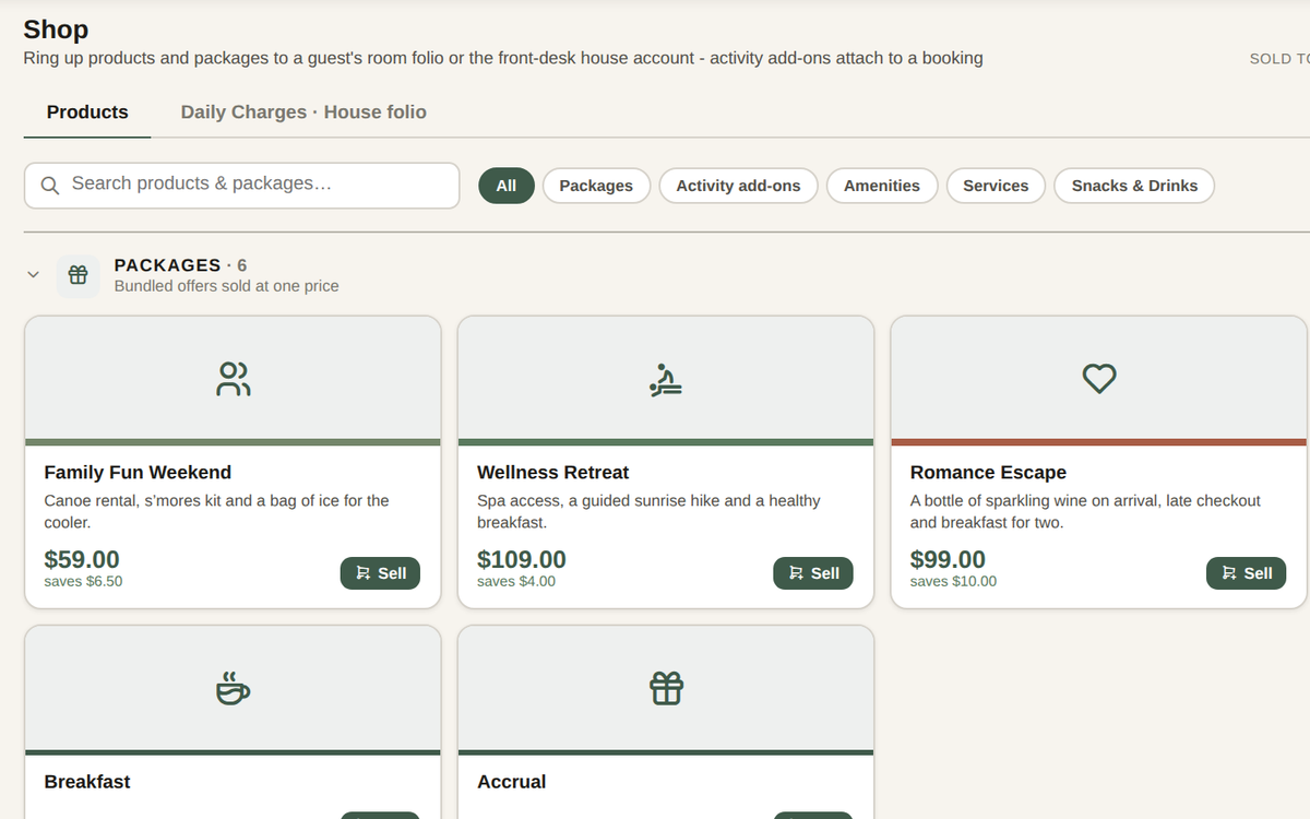 The Cardinal shop: packages, activity add-ons and products with their prices