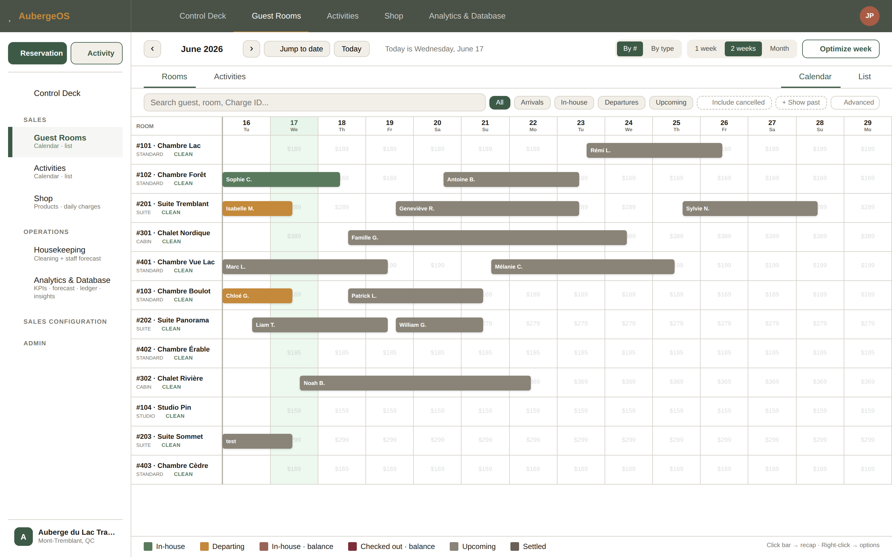 The Cardinal reservation calendar - every room on one calendar, with stays colour-coded by status across a two-week view